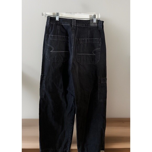 American Eagle Baggy Wide‎ Leg Jeans Womens 4 Black Bootcut Cargo Y2K Hi Rise - Picture 6 of 12